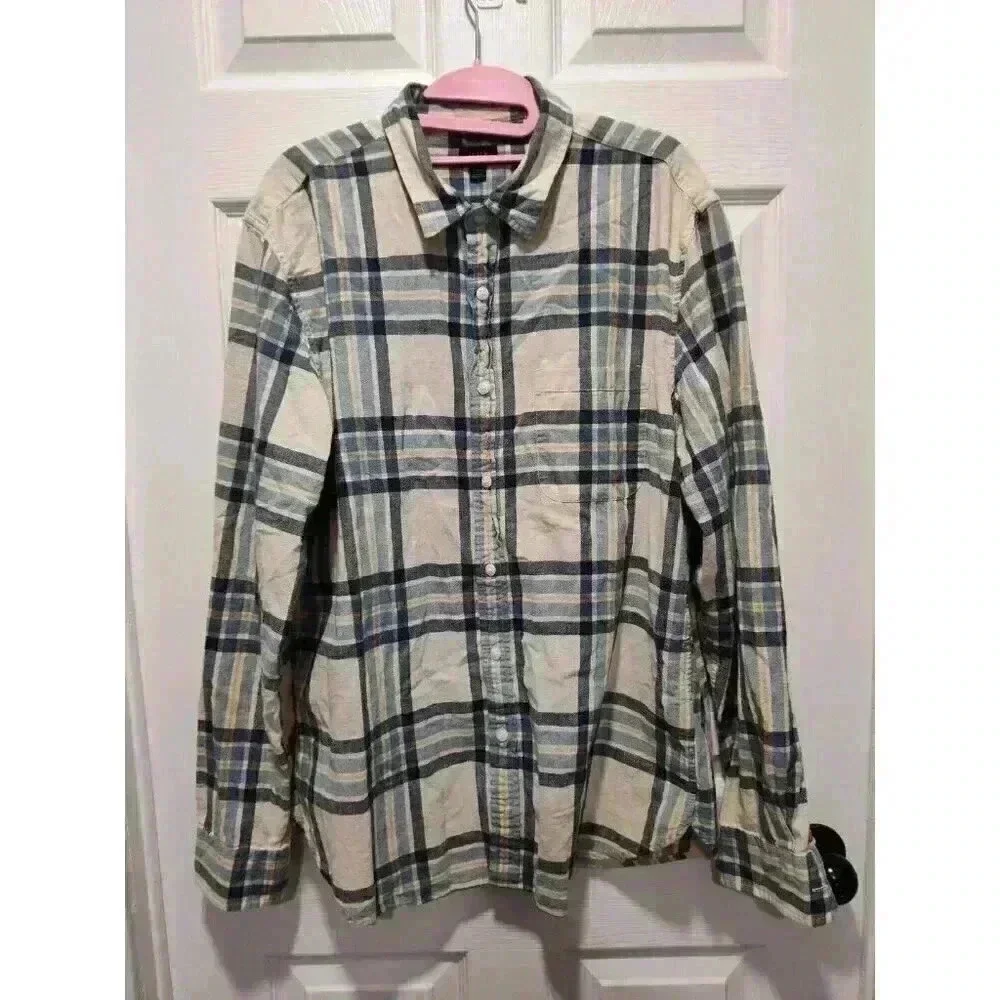 J. Crew Shirt Mens Casual Button Down in Ivory Plaid Size Large 100% Cotton Soft